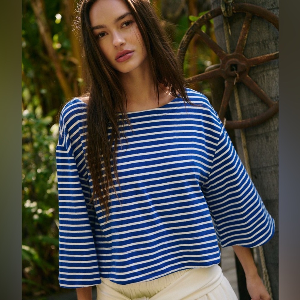 2 Piece Set Free People Blue Striped Top and Cream Wide-Leg Pants - Picture 2 of 10